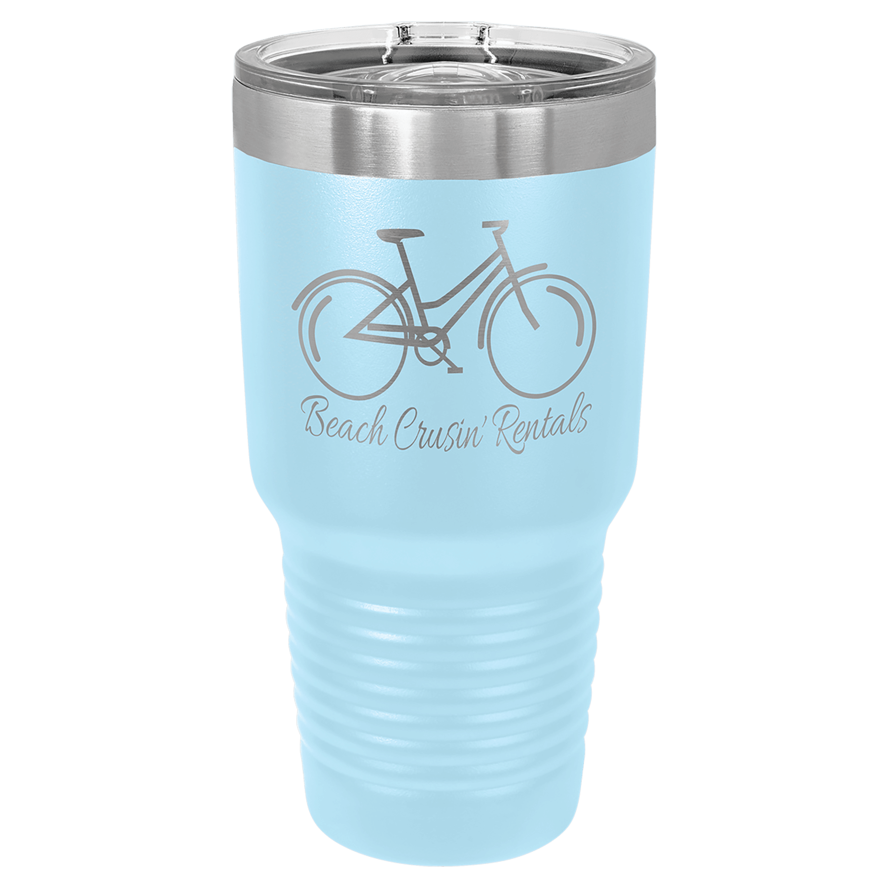 Light blue 30 oz tumbler with clear sliding lid, stainless rim, and ribbed grip section