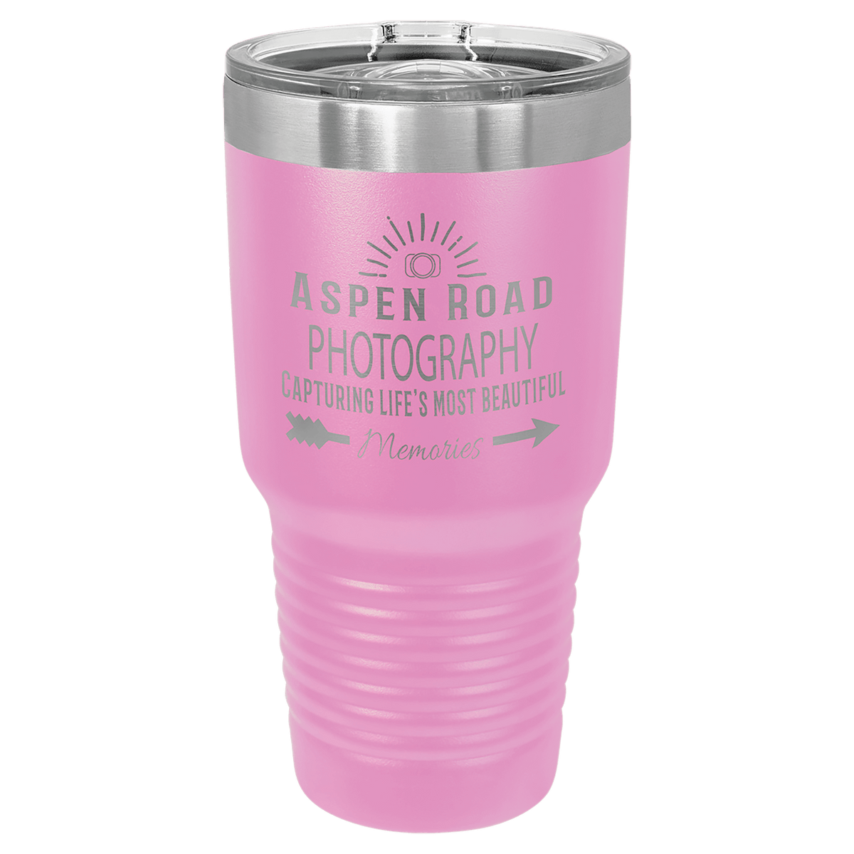 Magenta 30 oz tumbler with clear sliding lid, stainless rim, and ribbed grip section