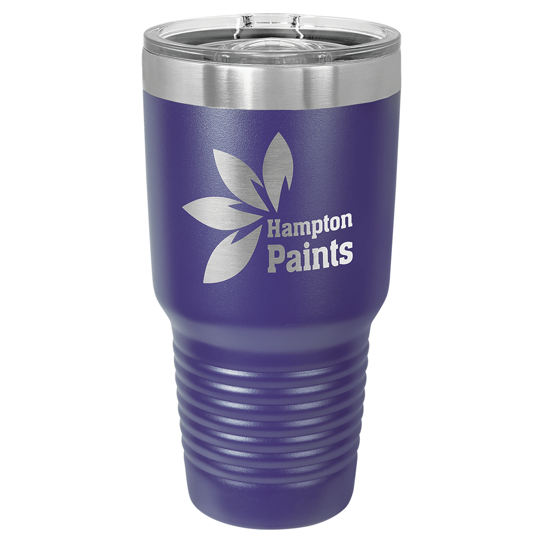 Purple 30 oz tumbler with clear sliding lid, stainless rim, and ribbed grip section