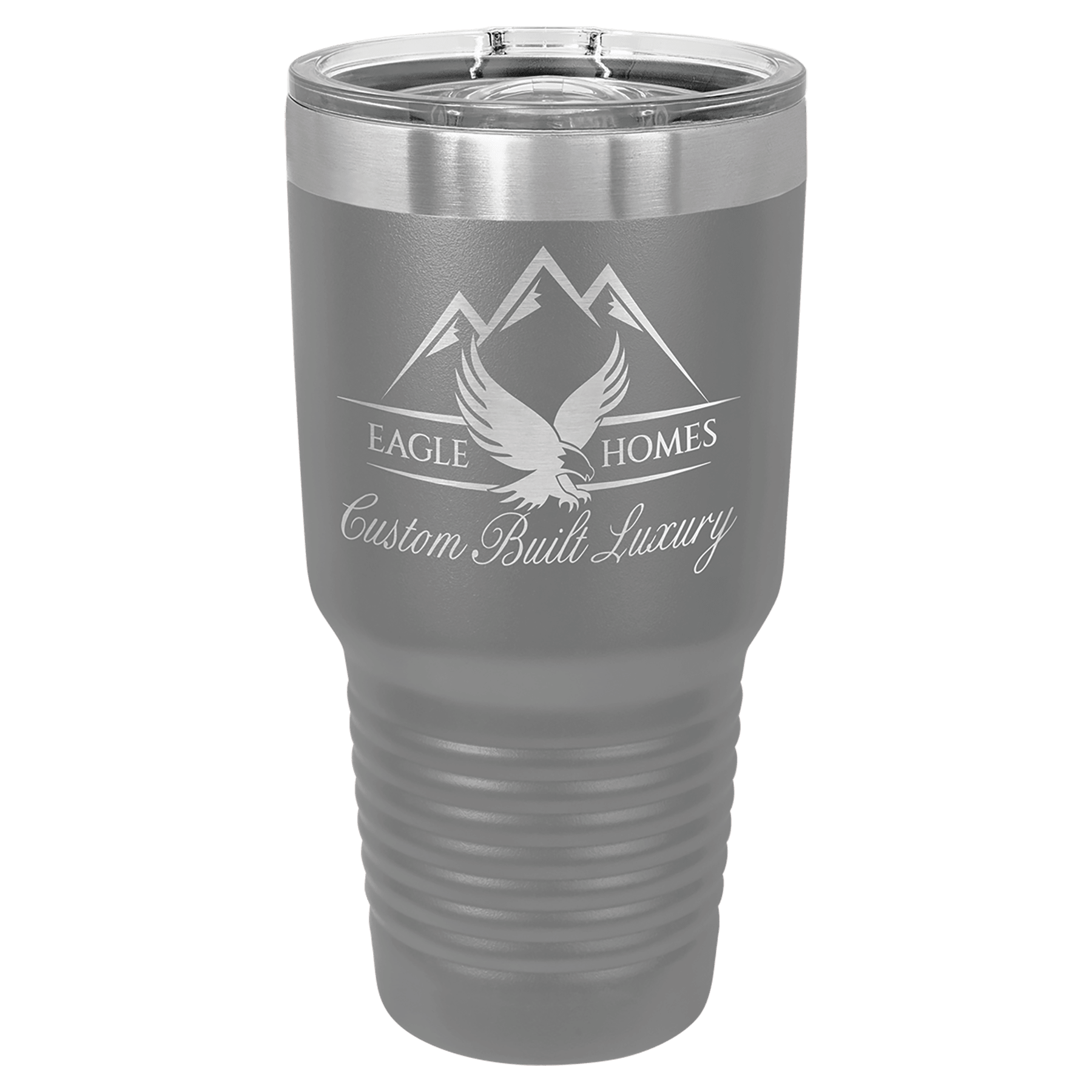 30 oz dark gray tumbler with stainless lid and printed eagle logo