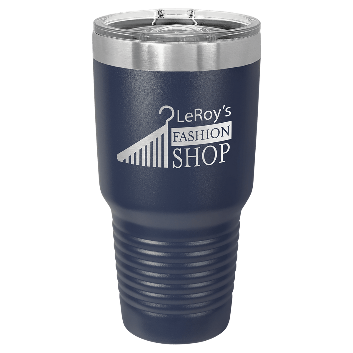 Navy 30 oz tumbler with clear sliding lid, stainless rim, and ribbed grip section