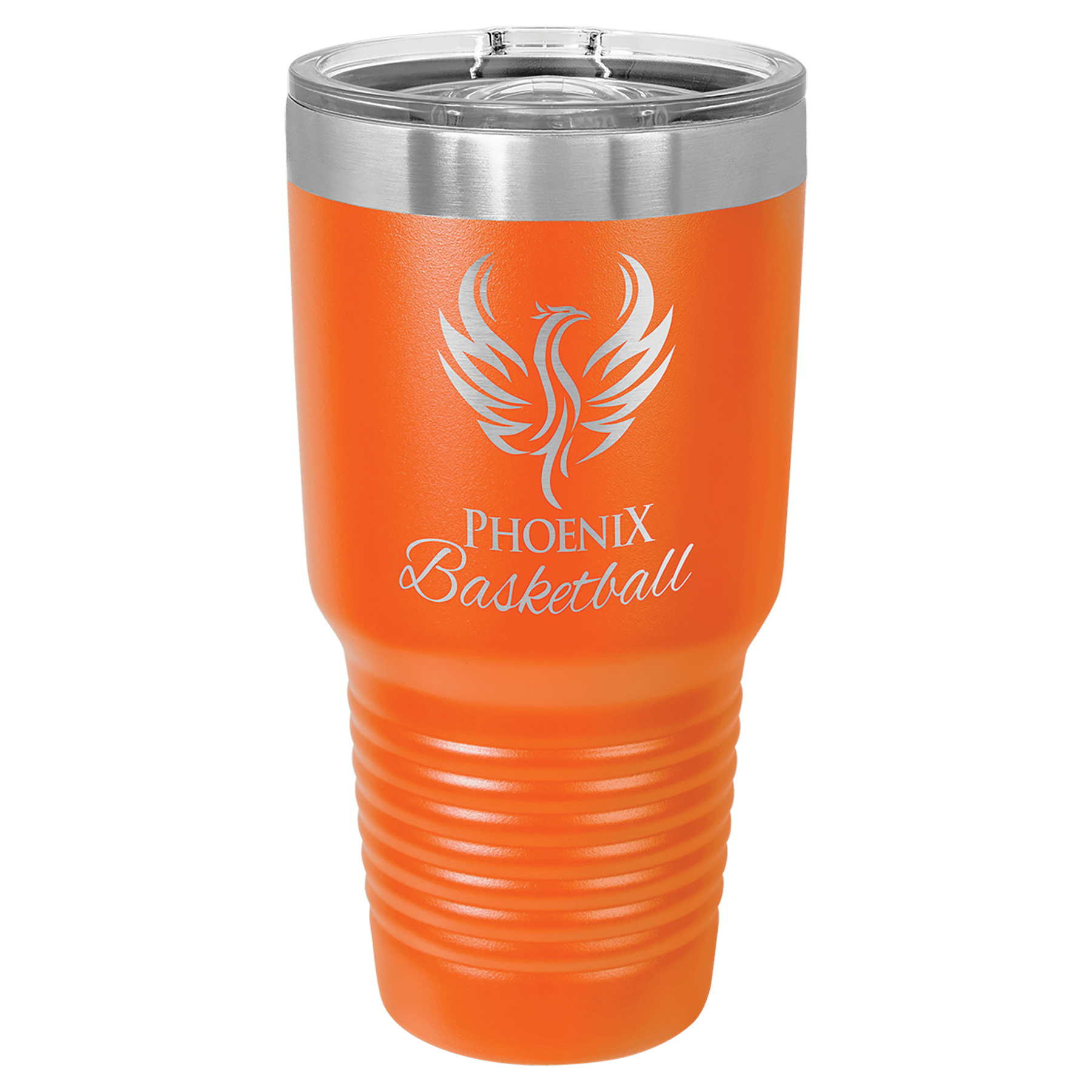 30 oz orange tumbler with stainless lid and printed phoenix basketball logo