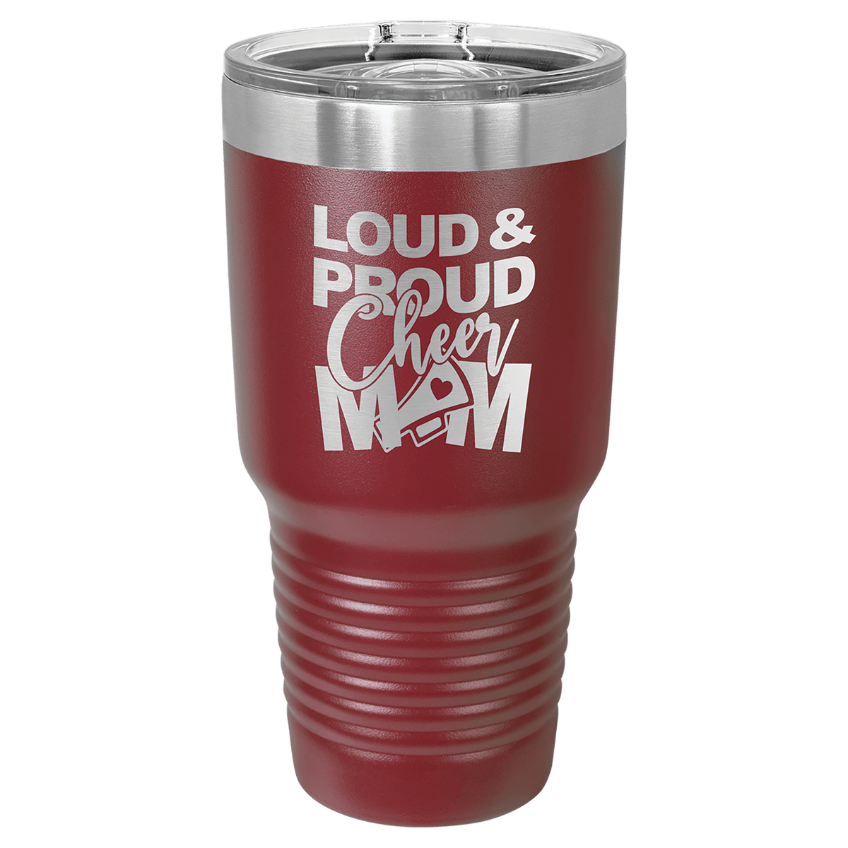 30 oz maroon tumbler with stainless lid and printed "Loud & Proud" design
