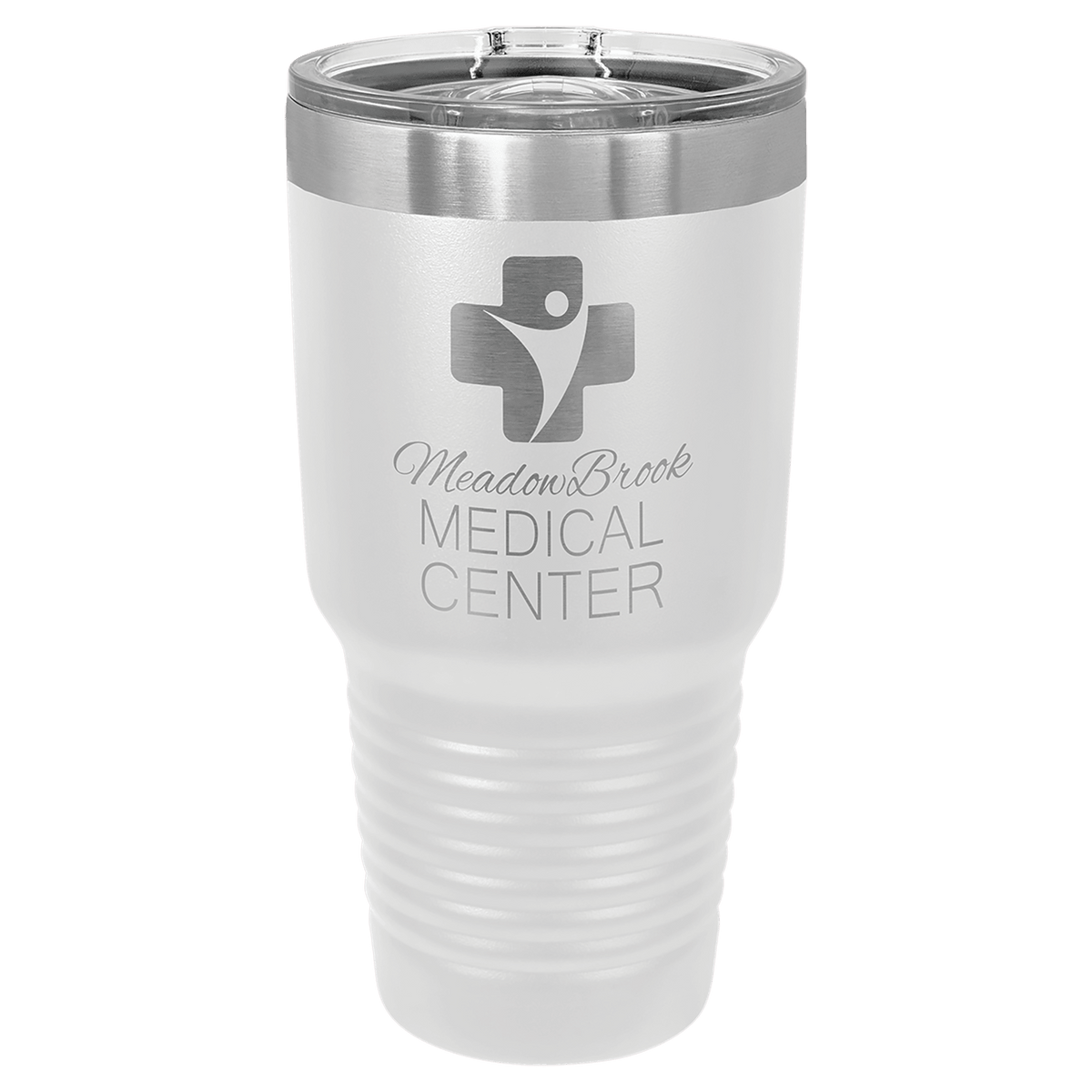 30 oz white tumbler with stainless lid and printed medical center emblem