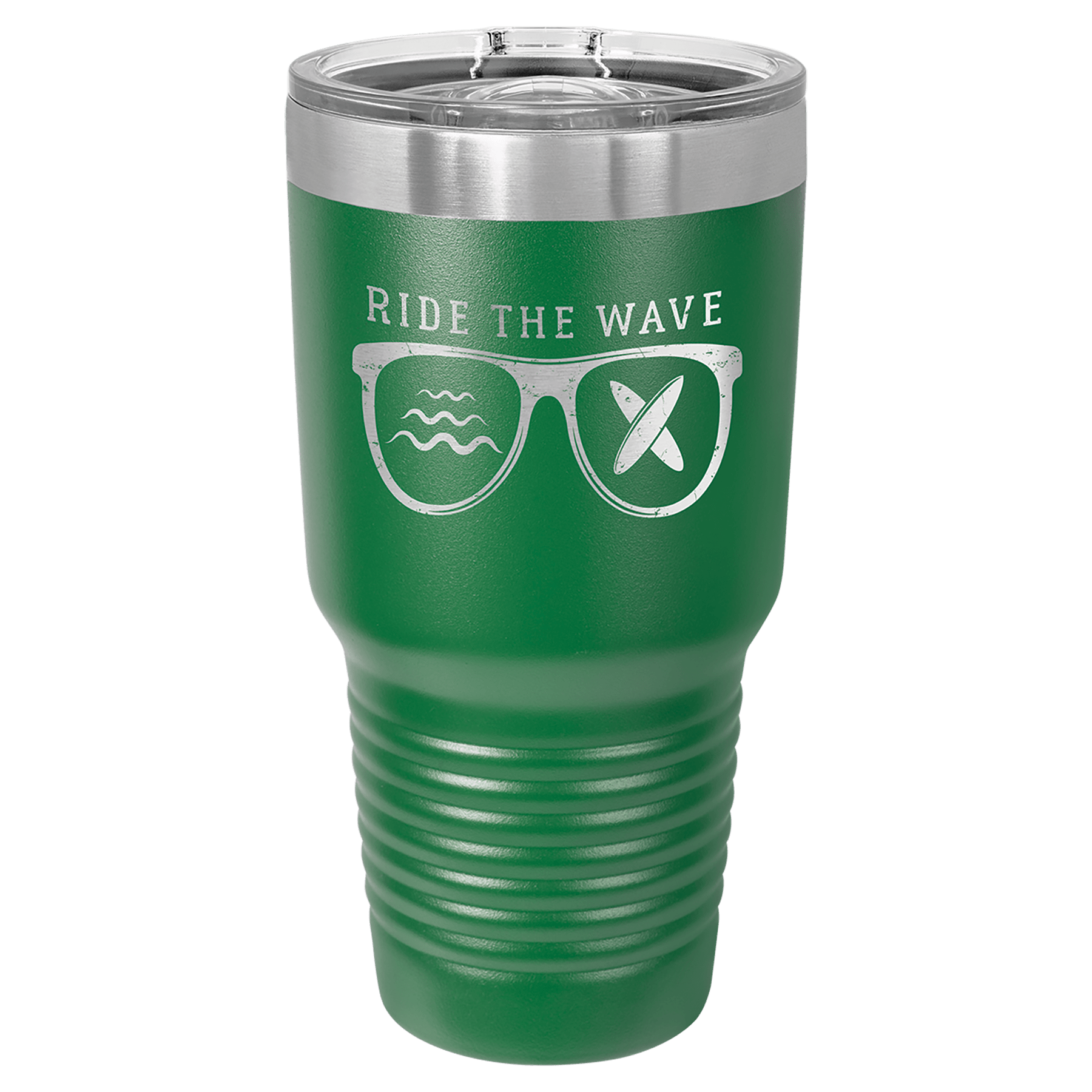 30 oz green tumbler with stainless lid and printed surfing-style glasses design