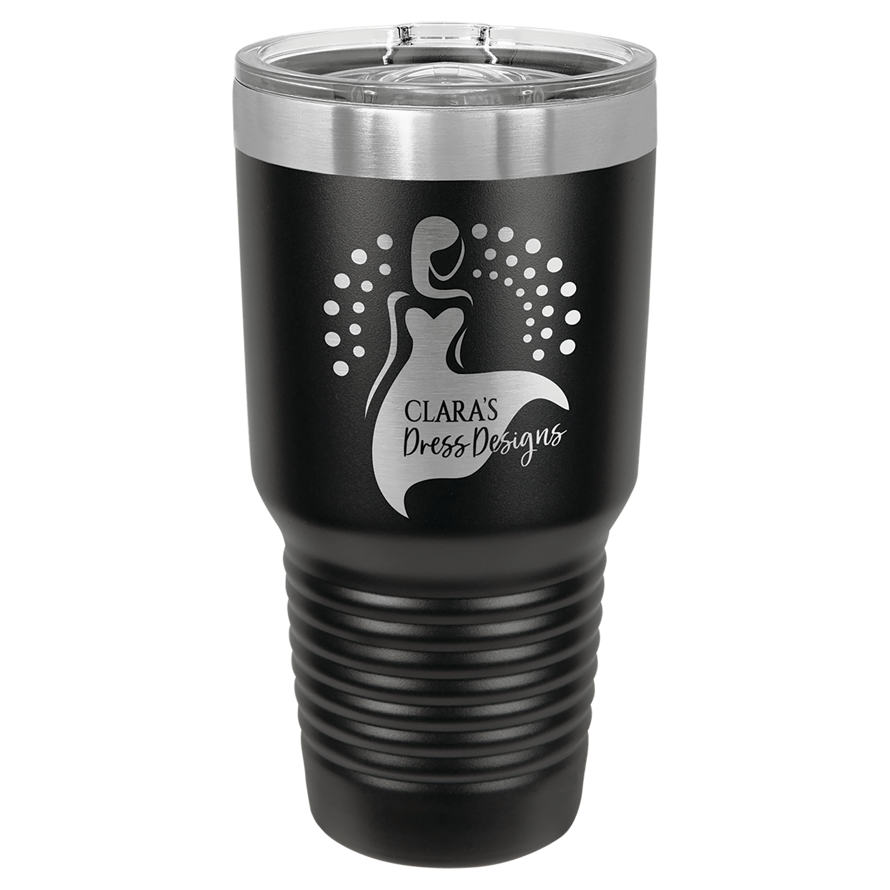 30 oz black tumbler with stainless lid and printed dancer silhouette logo