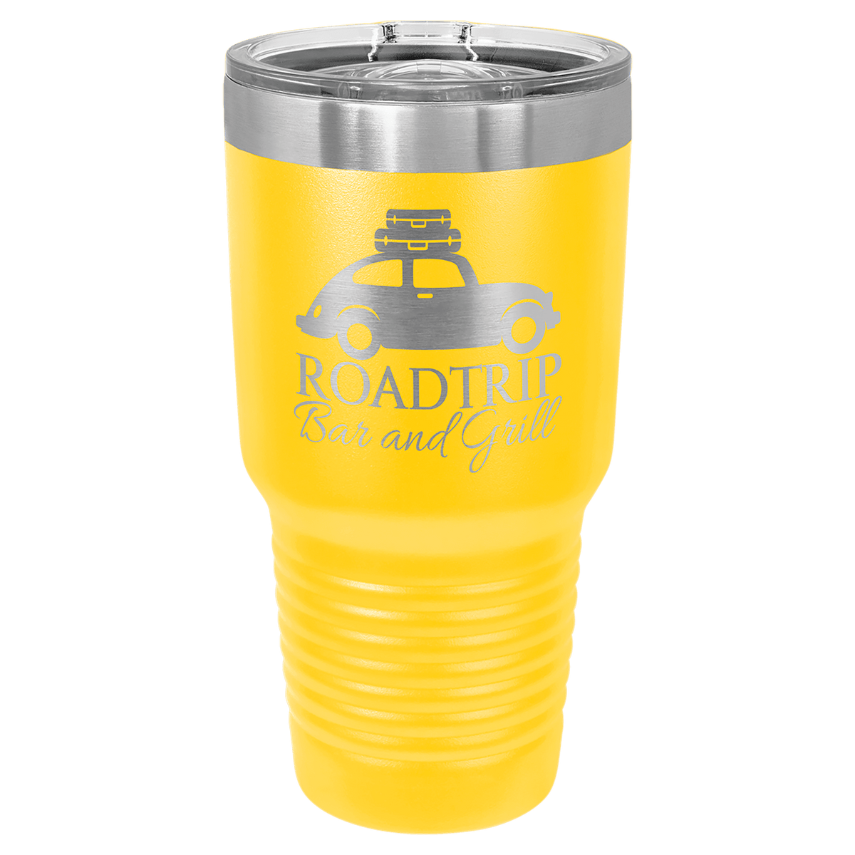 30 oz yellow tumbler with stainless lid and printed "Roadtrip" van and wheel design
