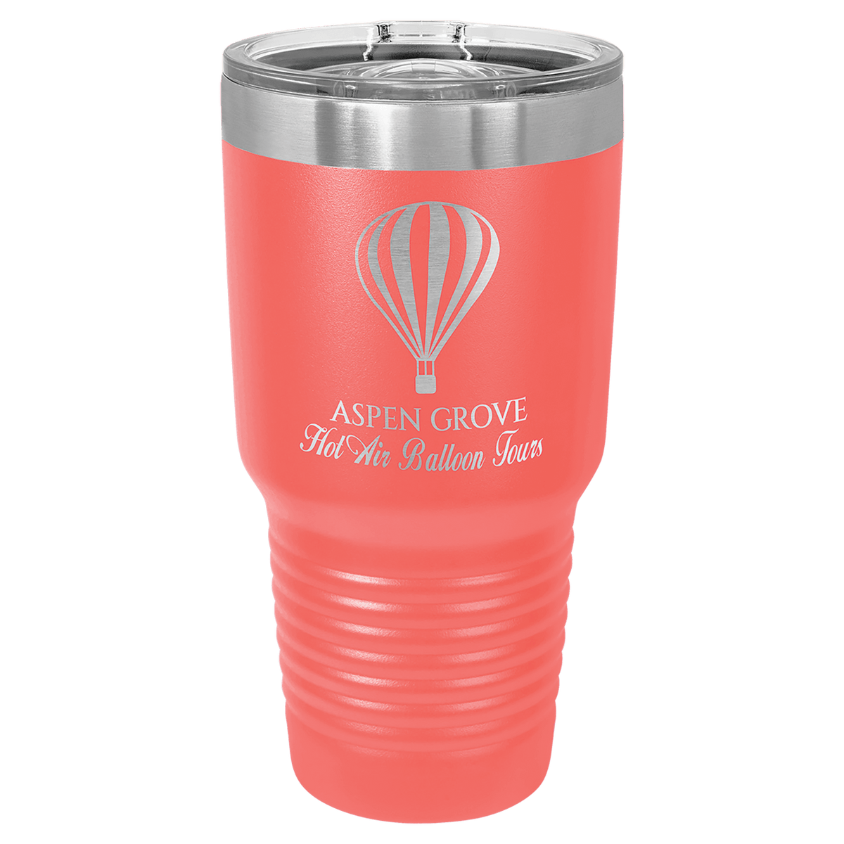30 oz coral-red tumbler with stainless lid and printed hot air balloon logo