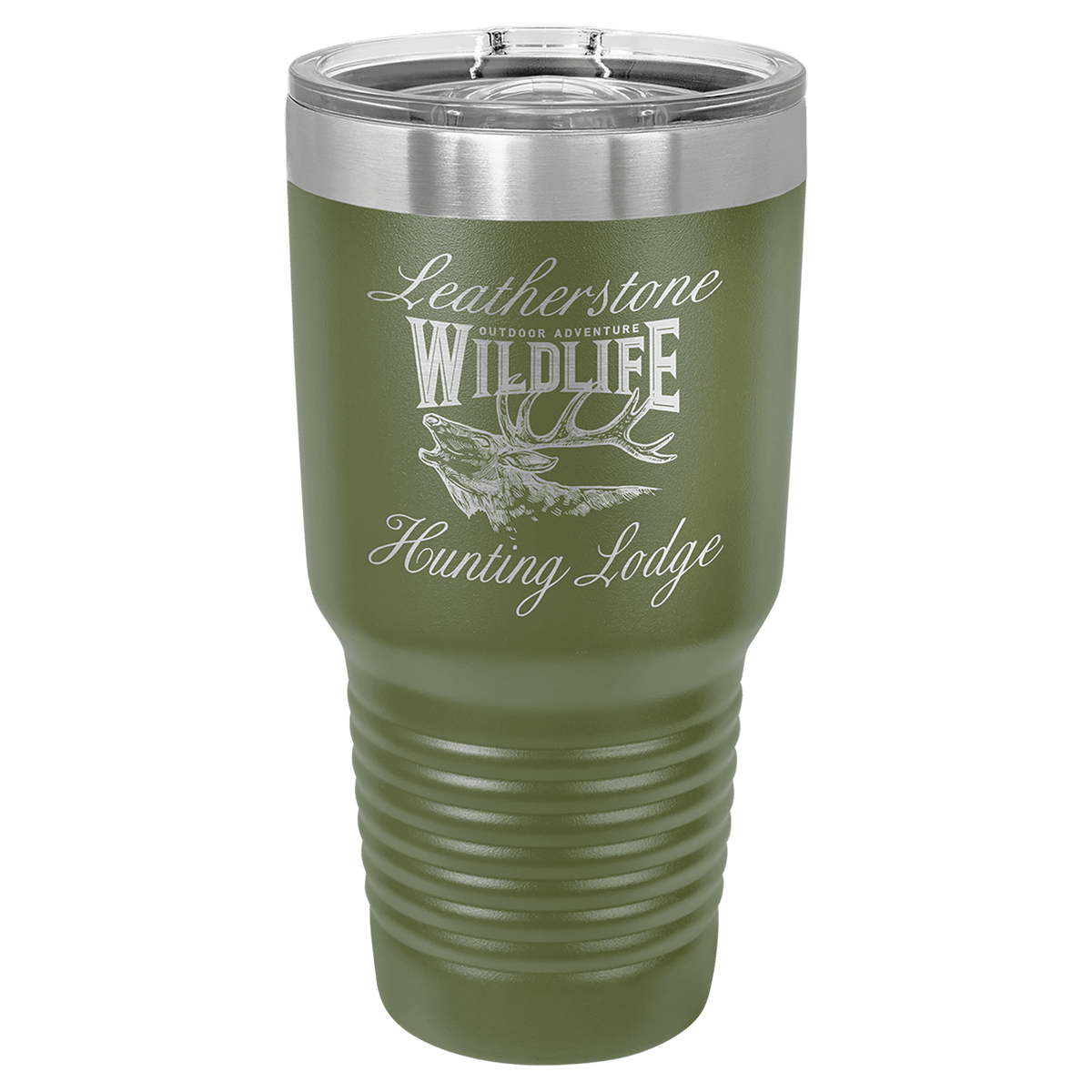 30 oz olive green tumbler with stainless lid and printed wildlife hunting lodge logo