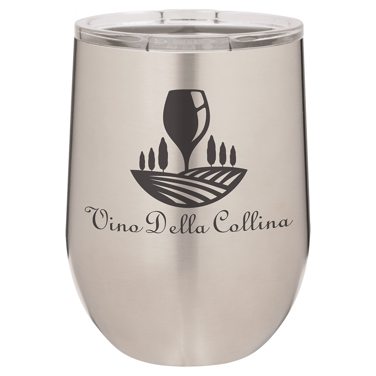 Polar Camel vacuum insulated stemless wine tumbler with lid, stainless with Vino Della Collina graphic