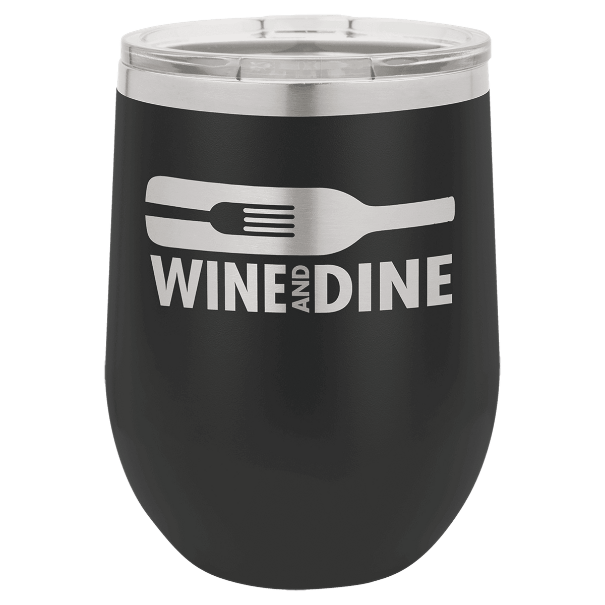 Polar Camel vacuum insulated stemless wine tumbler with lid, black with Wine and Dine graphic