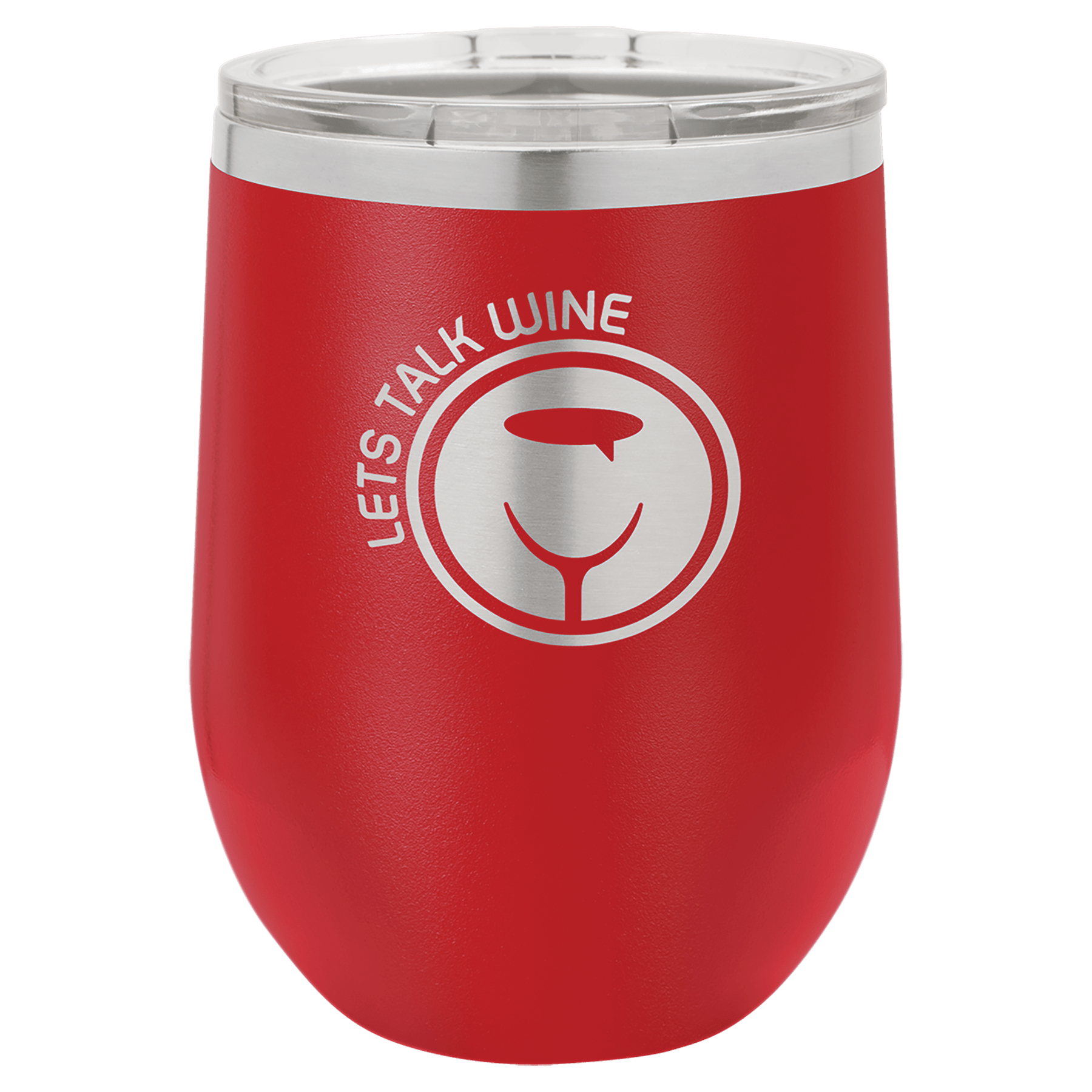 Polar Camel vacuum insulated stemless wine tumbler with lid, red with Lets Talk Wine icon