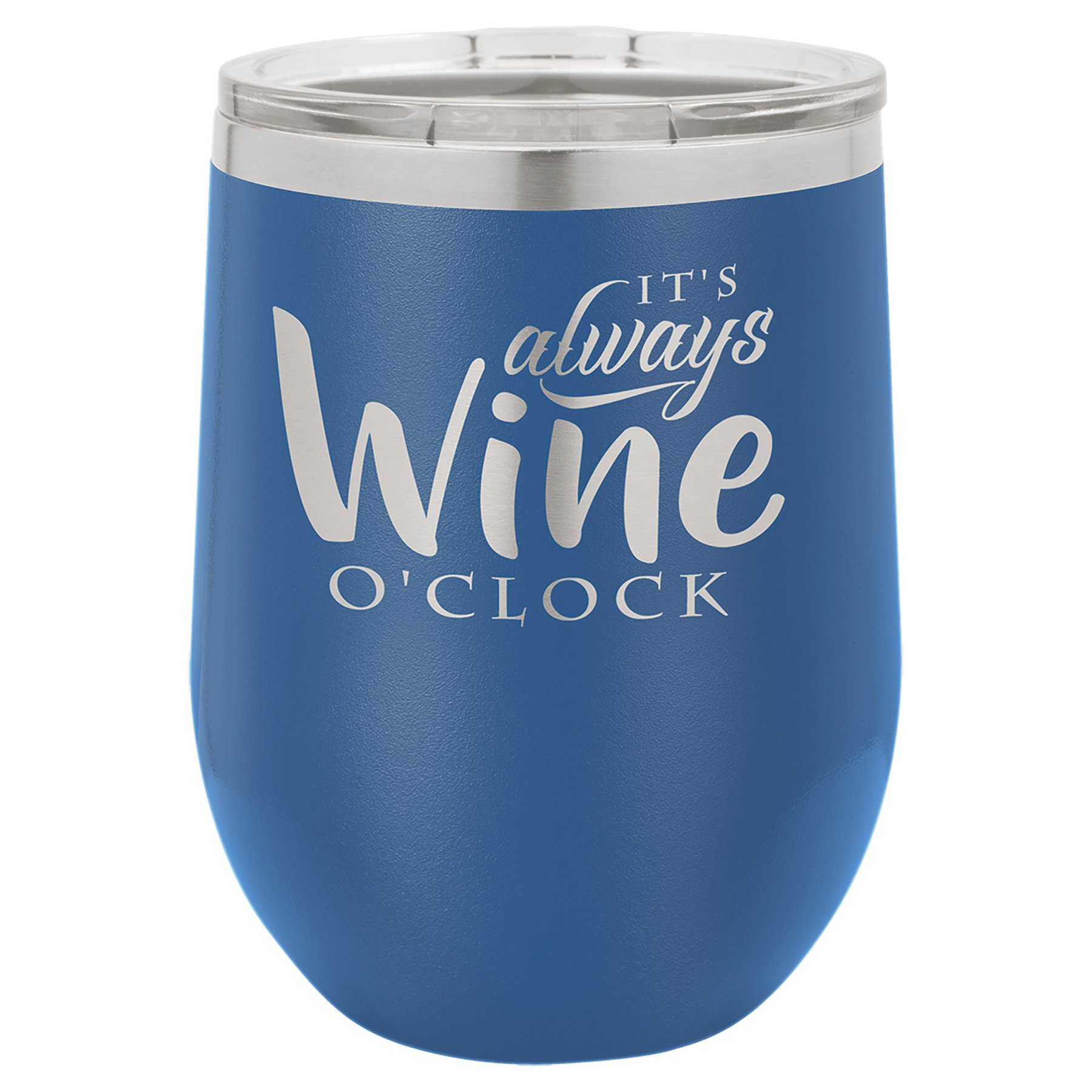 Polar Camel vacuum insulated stemless wine tumbler with lid, blue with It's always Wine o'Clock text