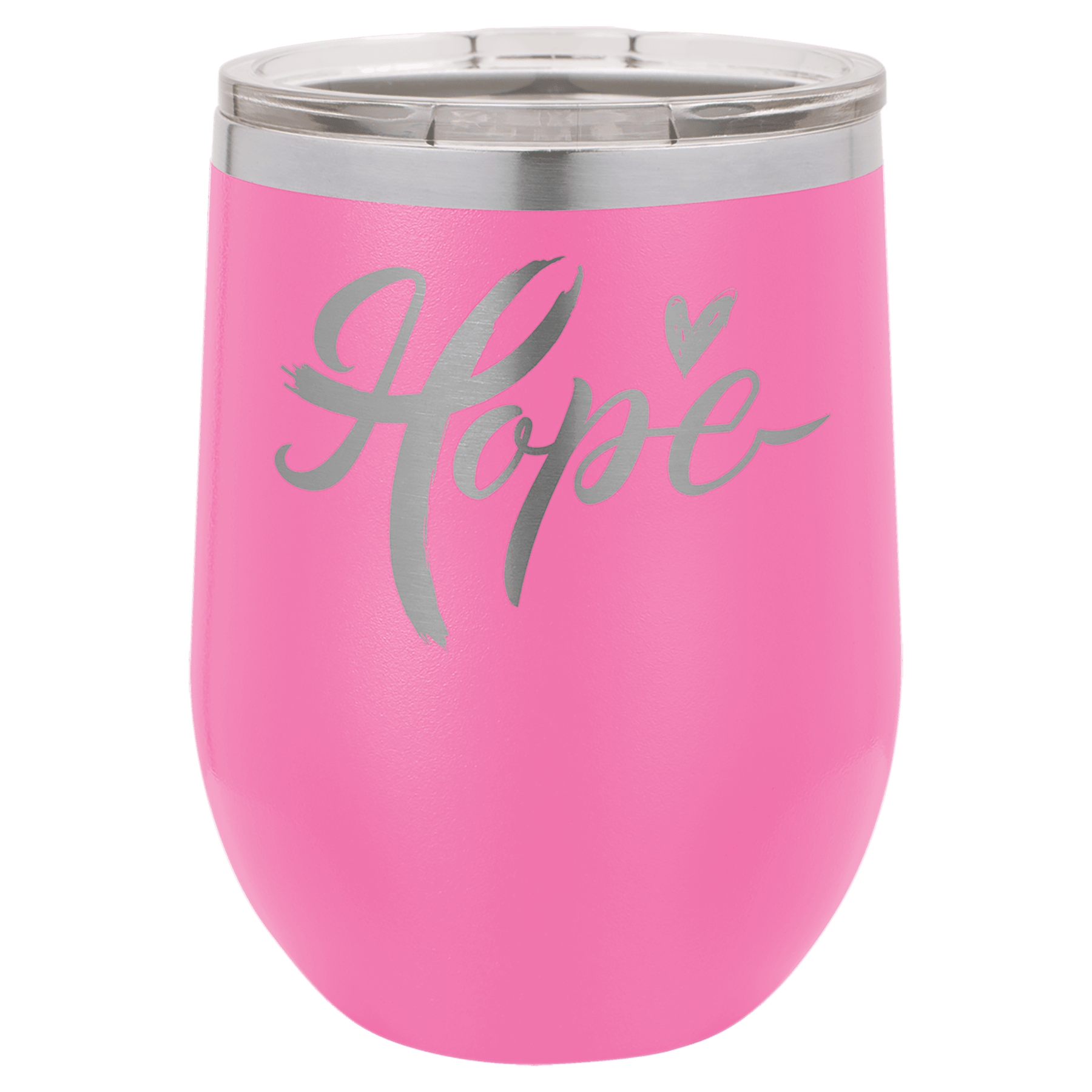 Polar Camel vacuum insulated stemless wine tumbler with lid, pink with Hope script graphic