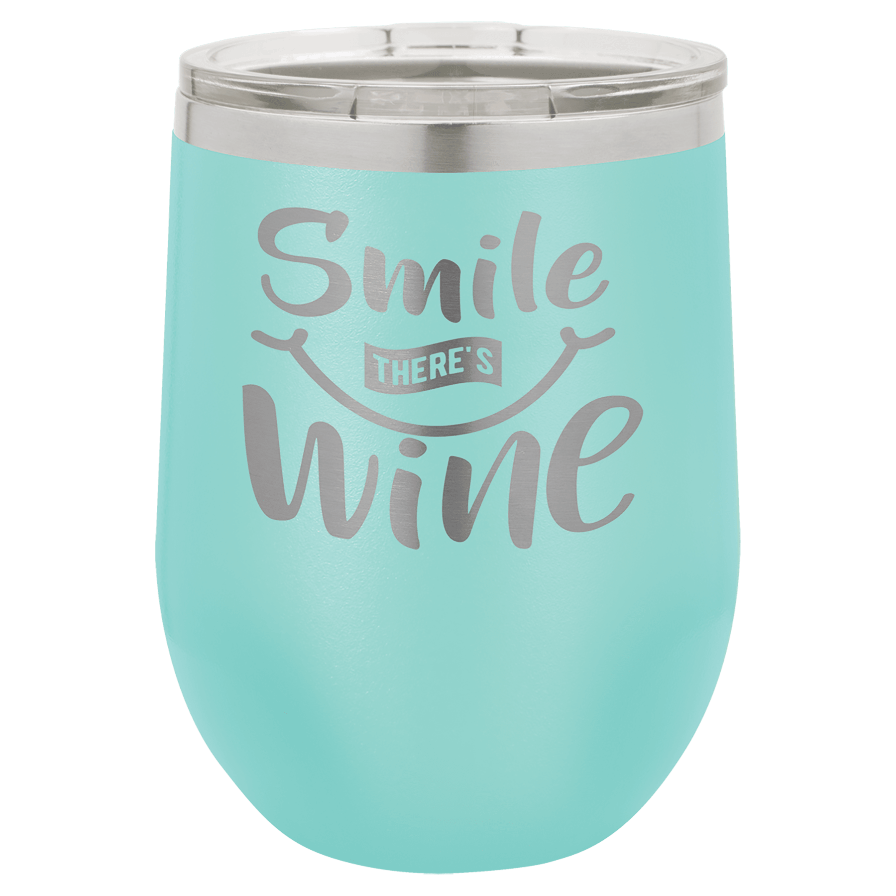 Polar Camel vacuum insulated stemless wine tumbler with lid, teal with Smile, There's Wine design