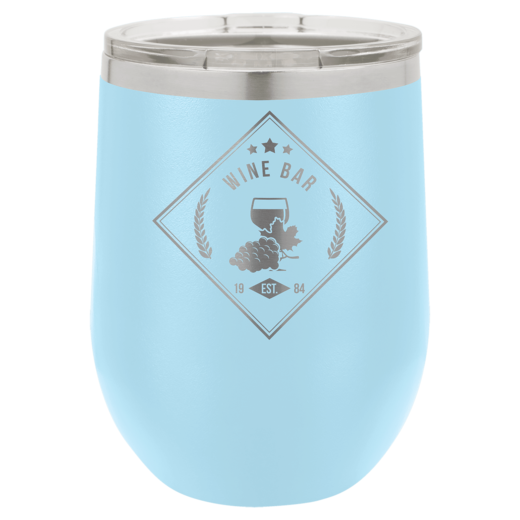 Polar Camel vacuum insulated stemless wine tumbler with lid, light blue with Wine Bar emblem
