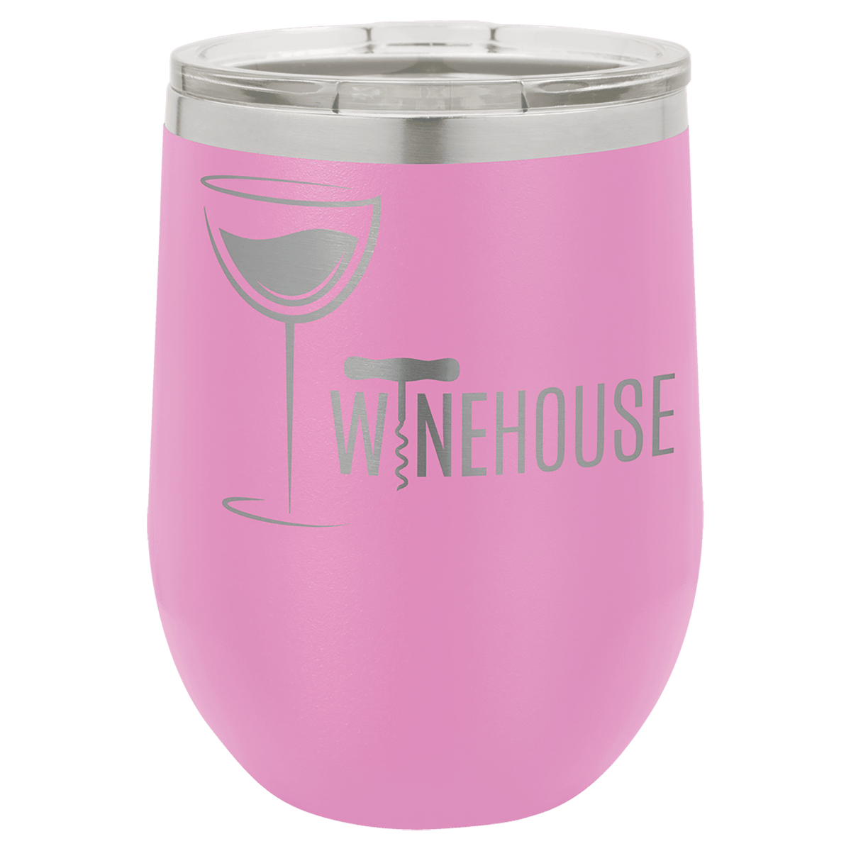 Polar Camel vacuum insulated stemless wine tumbler with lid, pink with Winehouse wine glass graphic