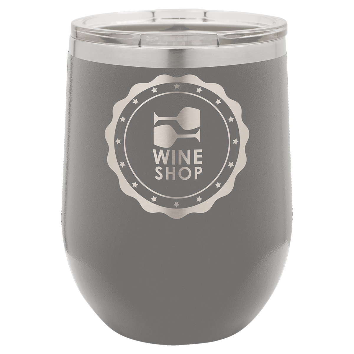 Polar Camel vacuum insulated stemless wine tumbler with lid, dark gray with Wine Shop emblem