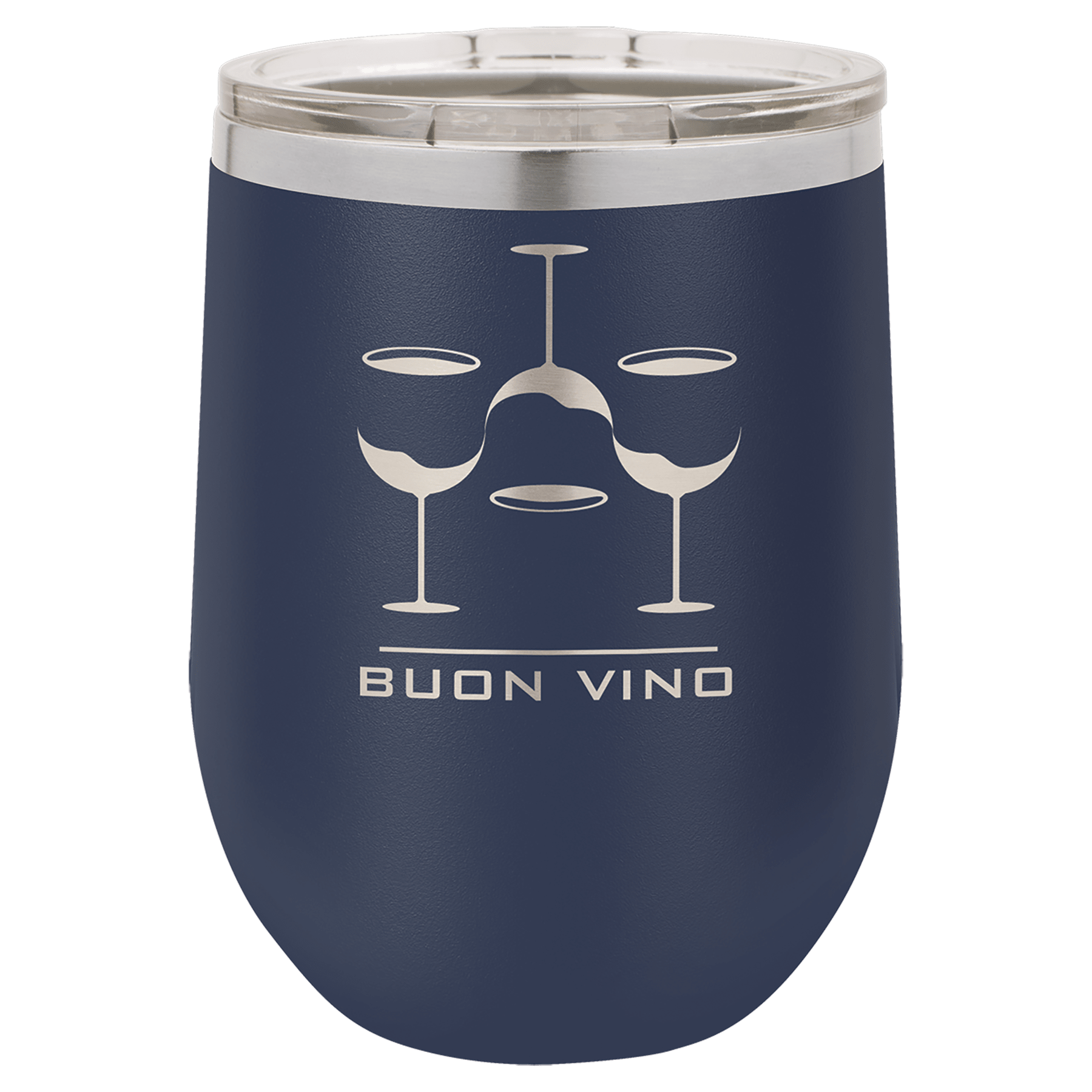 Navy insulated stemless wine tumbler with lid and “BUON VINO” wine glass design