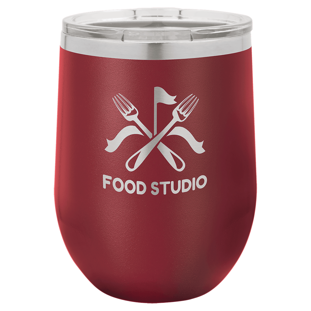 Red insulated stemless wine tumbler with lid and “FOOD STUDIO” crossed utensils logo