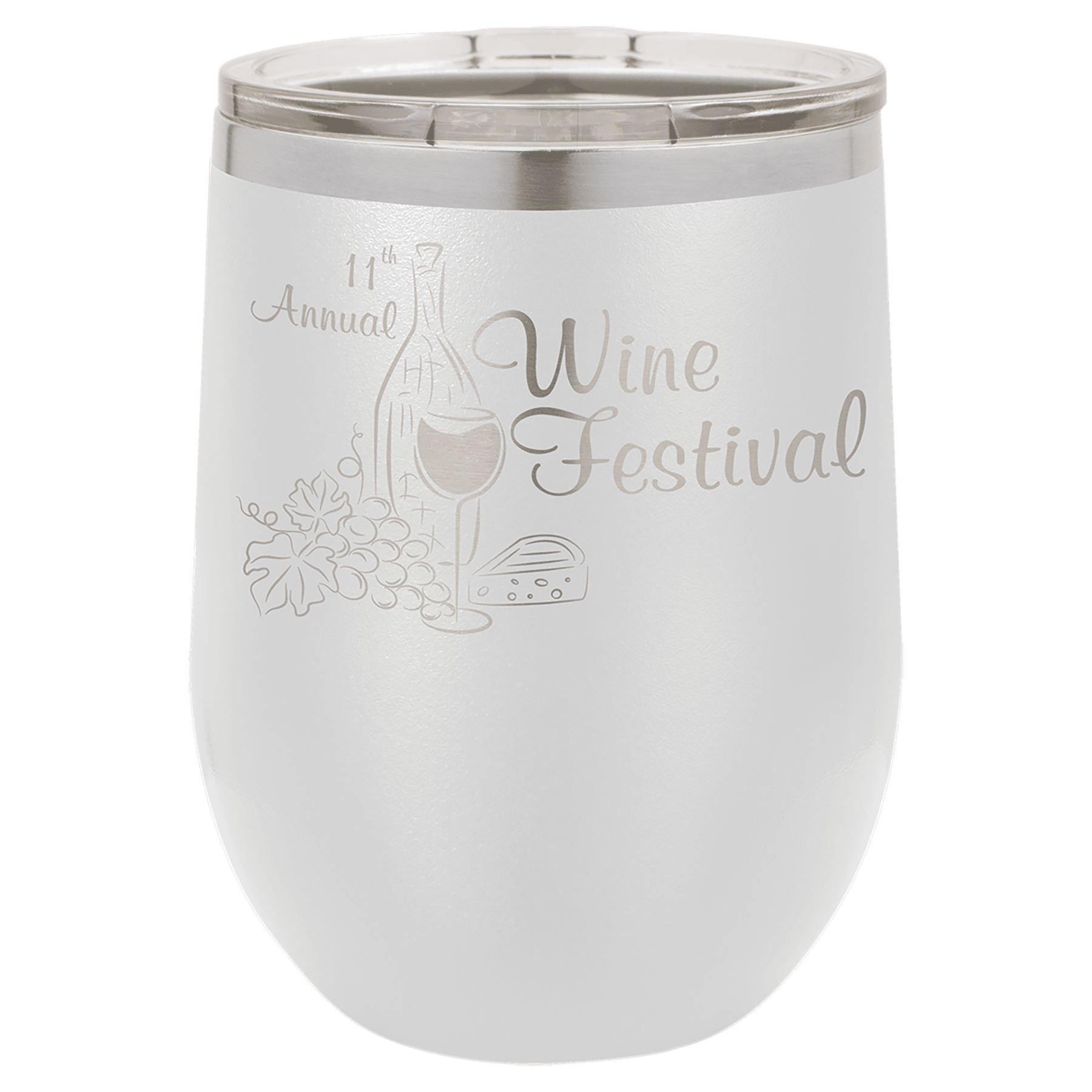 White insulated stemless wine tumbler with lid and “Annual Wine Festival” line-art design