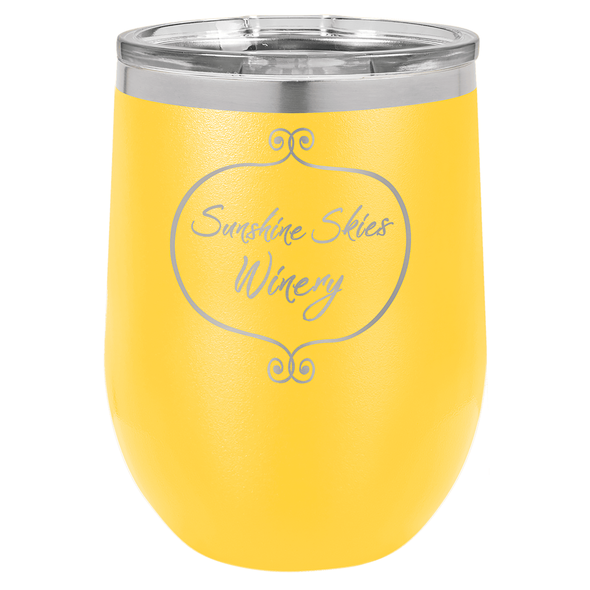 Yellow insulated stemless wine tumbler with lid and “Sunshine S… Winery” emblem