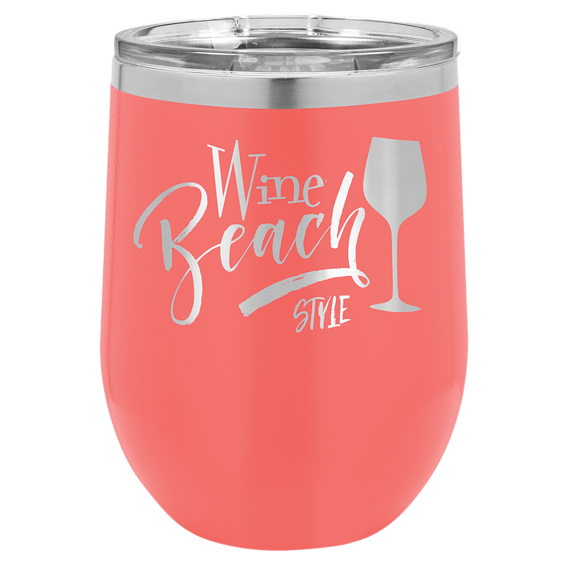 Coral insulated stemless wine tumbler with lid and “Wine Beach” with wine glass graphic