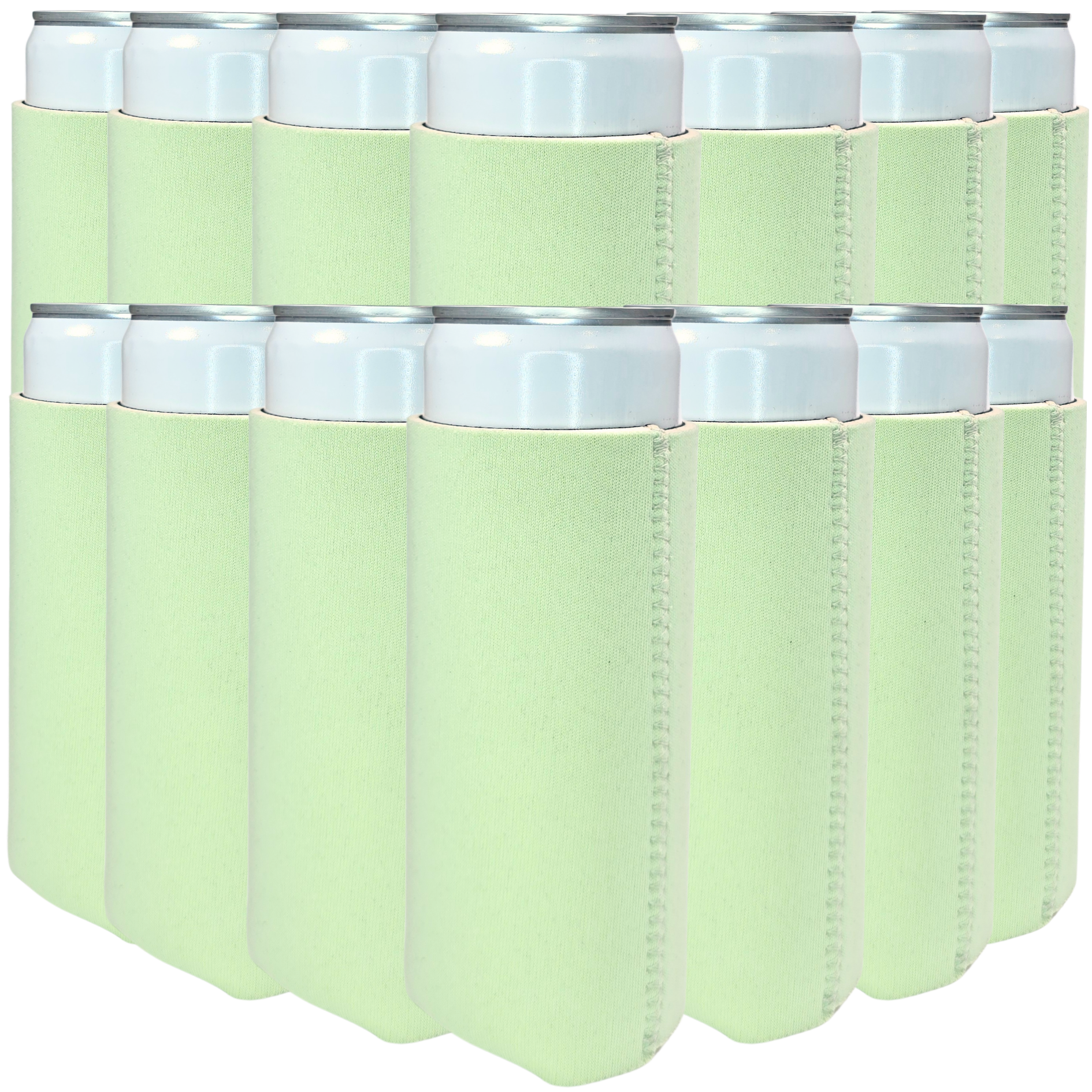 Slim-size neoprene can cooler set, pale yellow sleeves with white top rings