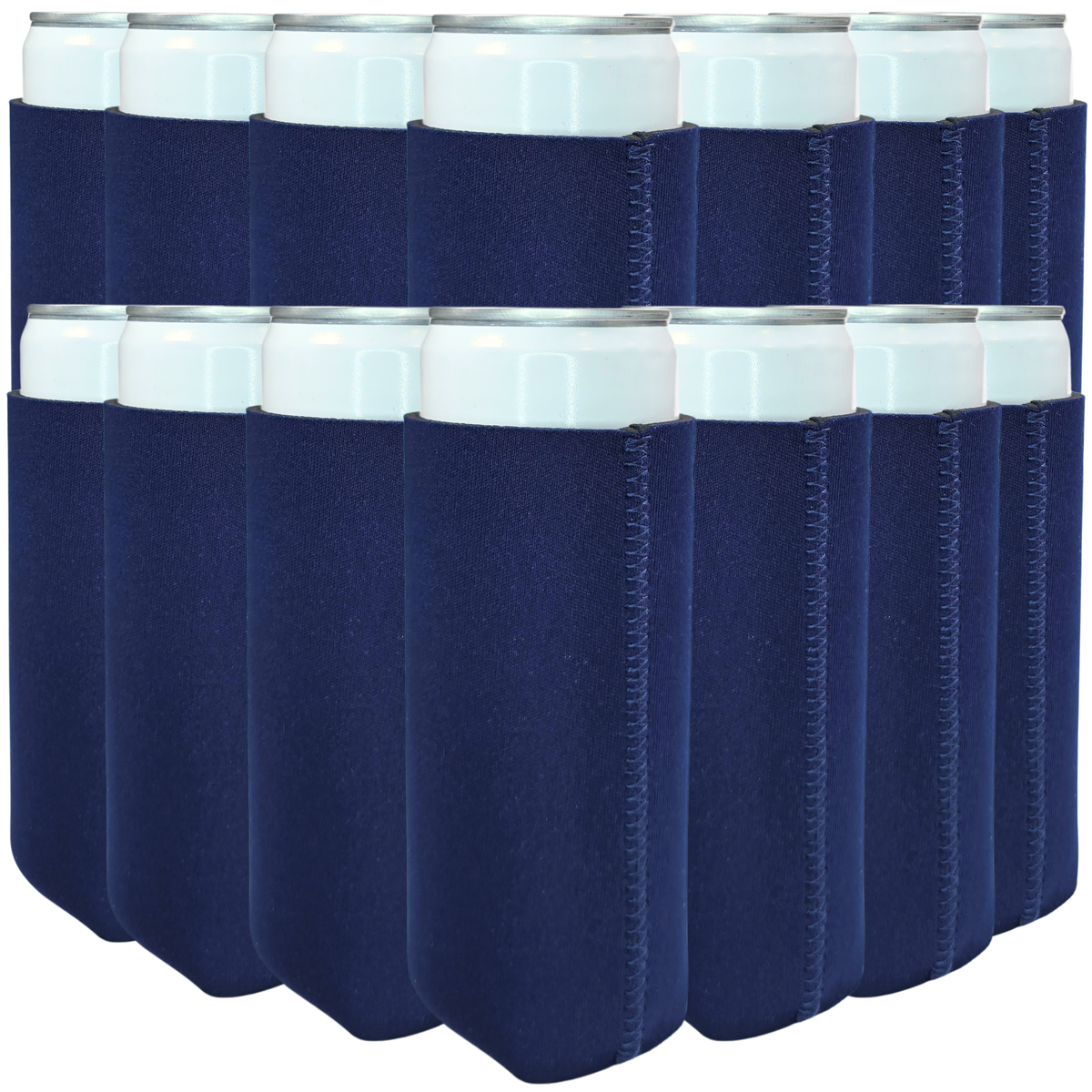 Slim-size neoprene can cooler set, navy sleeves with white top rings