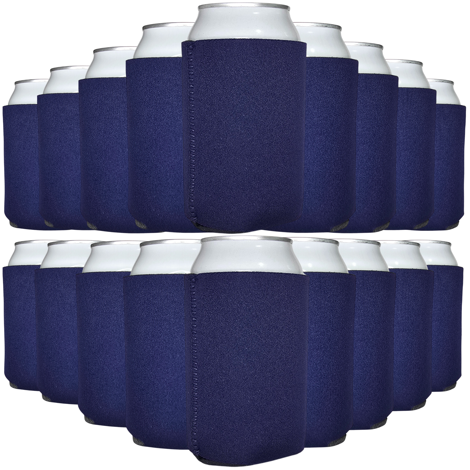 Navy blue neoprene can cooler sleeve with stitched vertical seam, fits standard cans