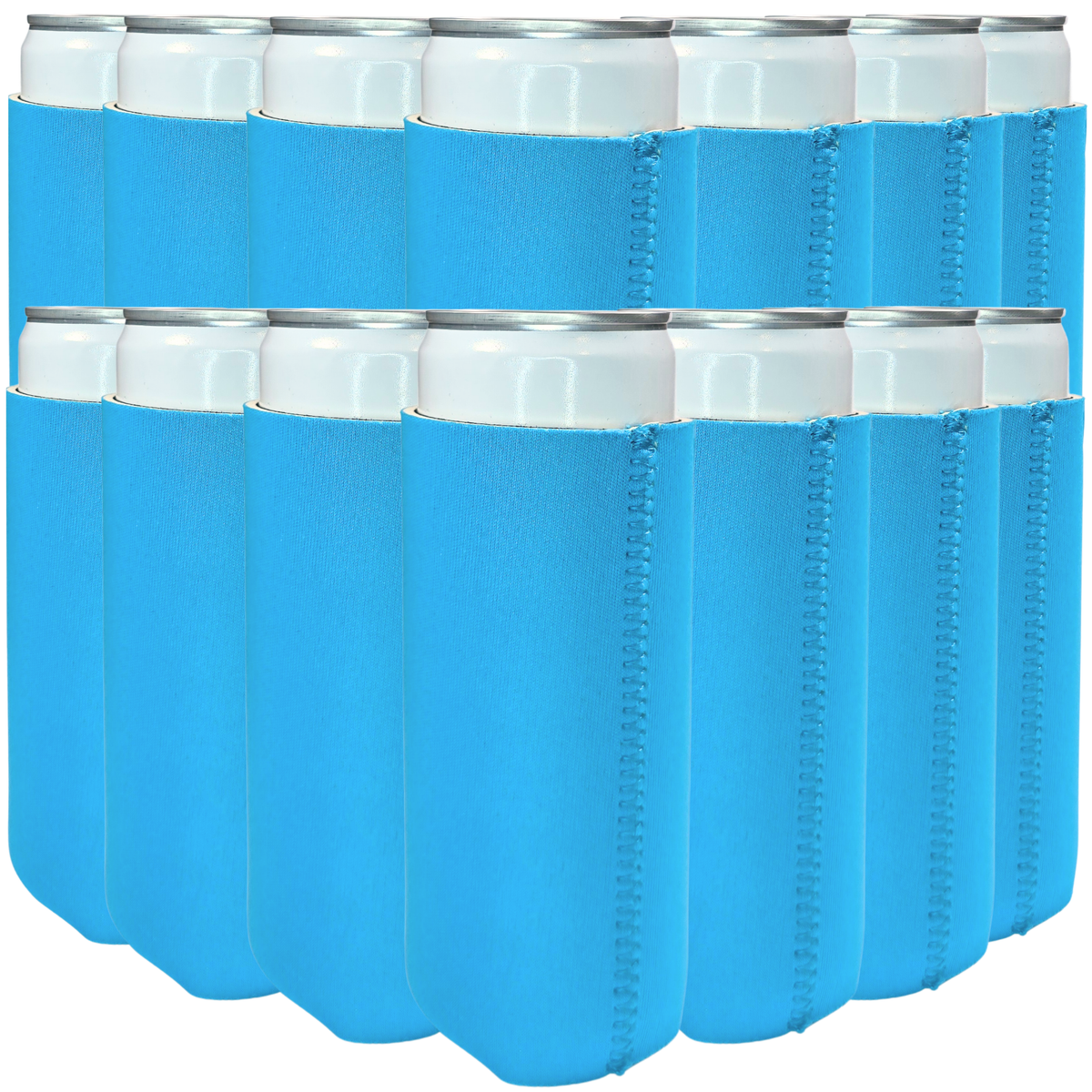 Slim-size neoprene can cooler set, bright blue sleeves with white top rings