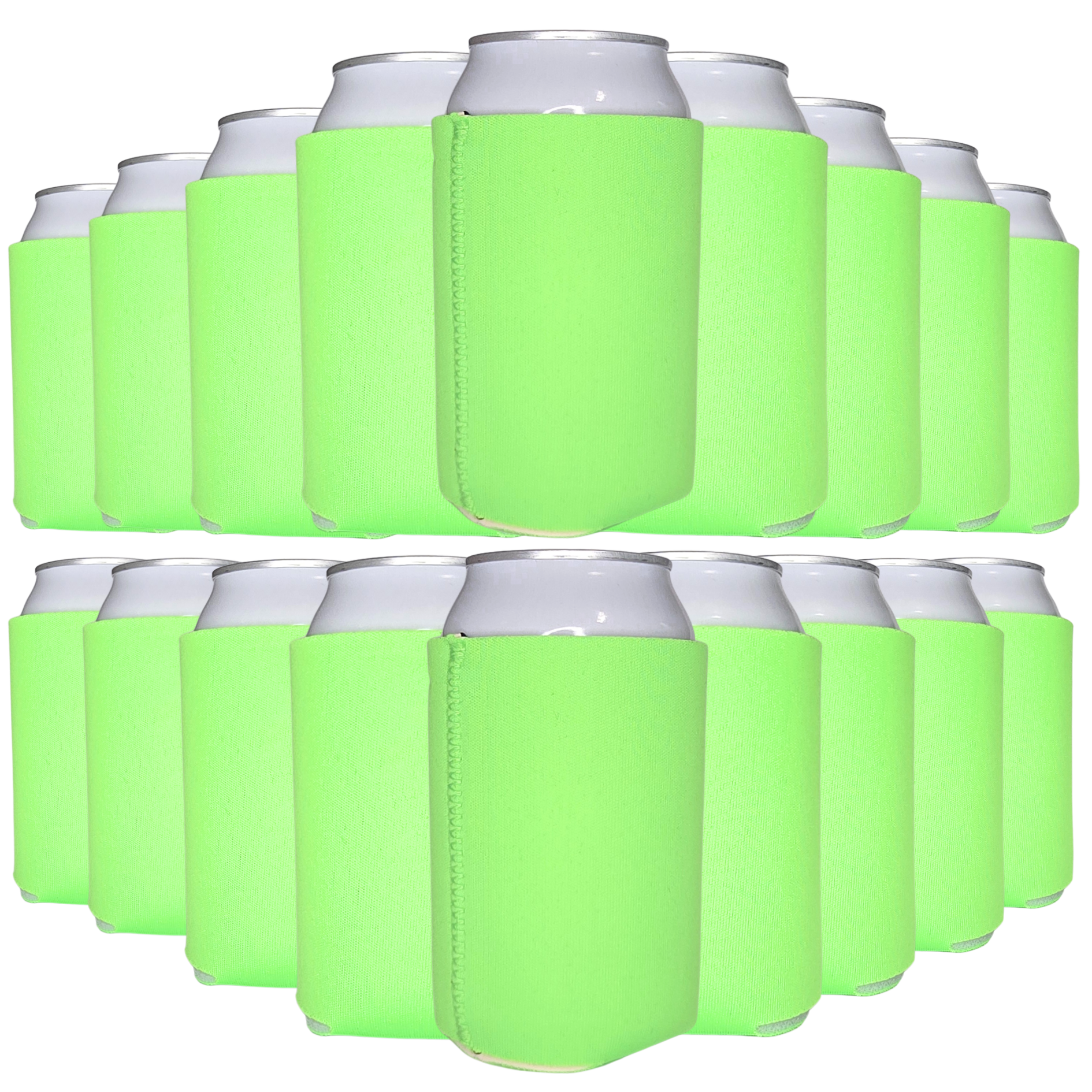 Neon green neoprene can cooler sleeve with stitched vertical seam, fits standard cans