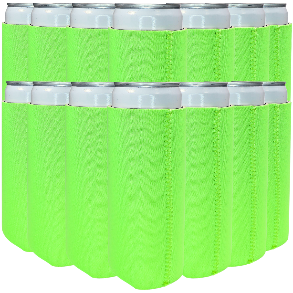 Slim-size neoprene can cooler set, neon green sleeves with white top rings
