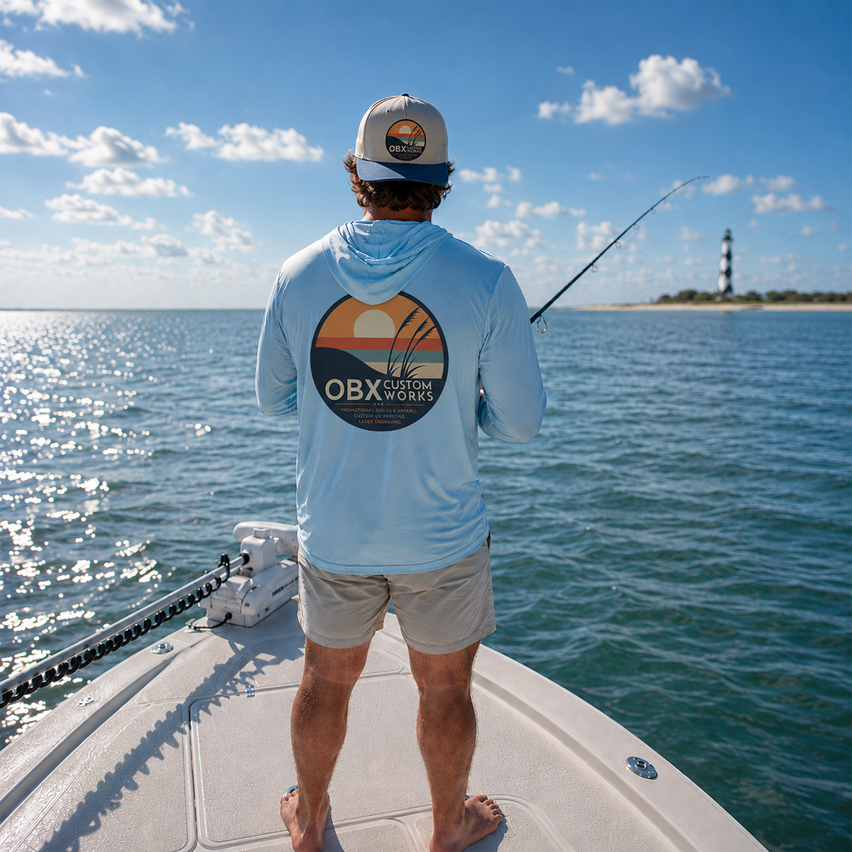 Man fishing on a boat with a scenic ocean view and lighthouse in the background