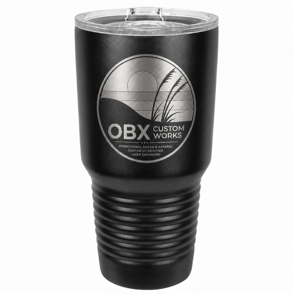 Black 30 oz ringneck tumbler with clear slide lid and ribbed grip band