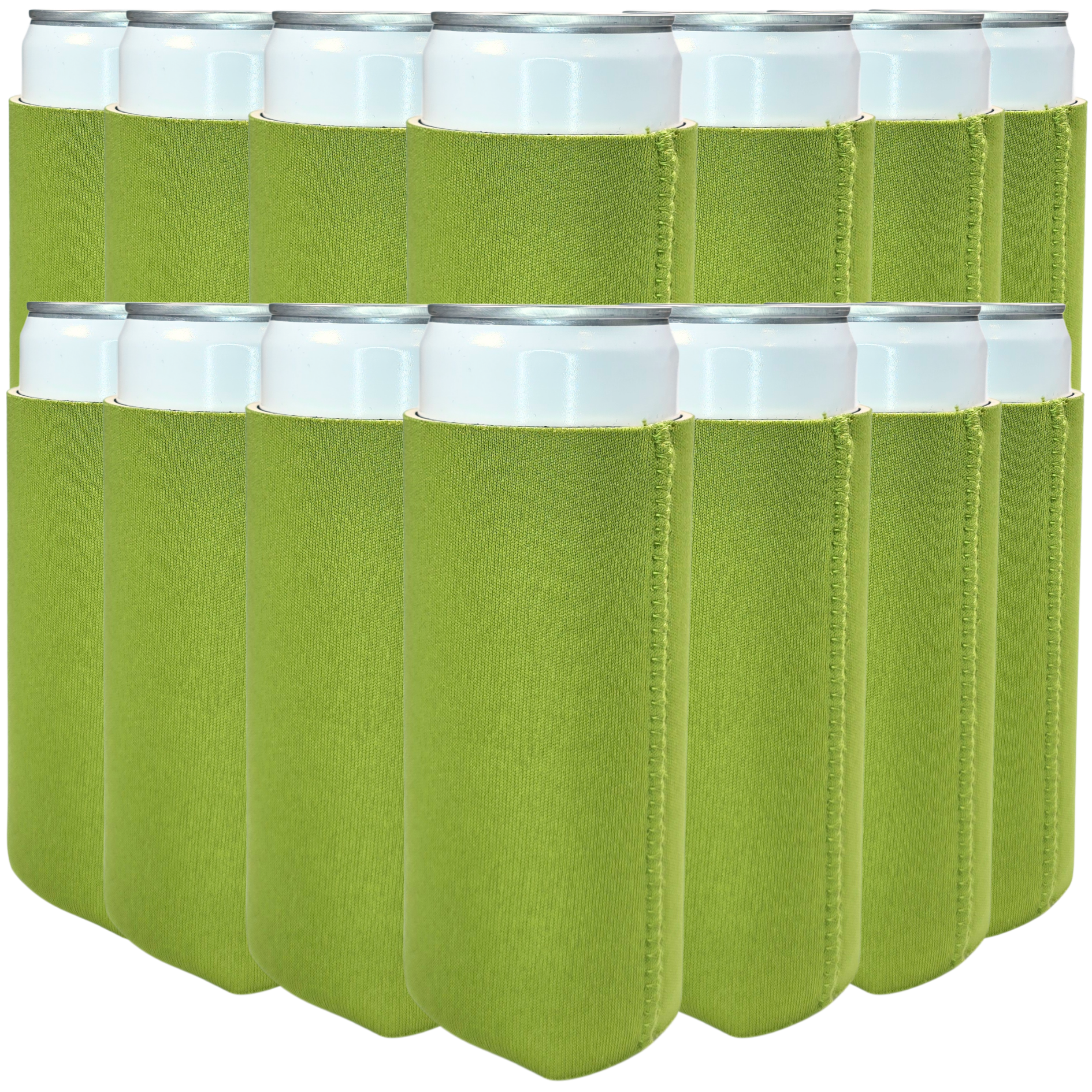 Slim size neoprene can cooler, olive green with stitched vertical seams