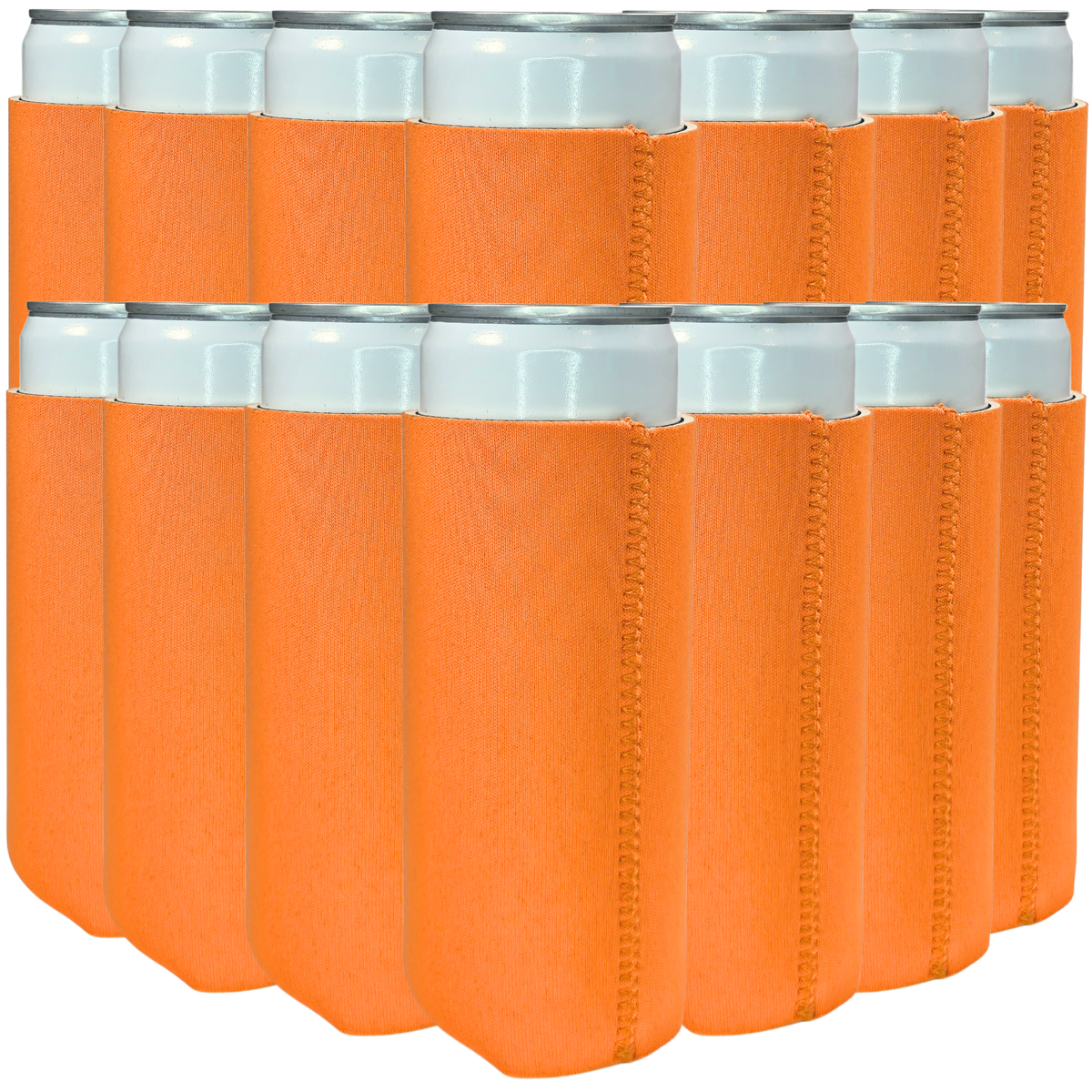 Slim size neoprene can cooler, orange with stitched vertical seams