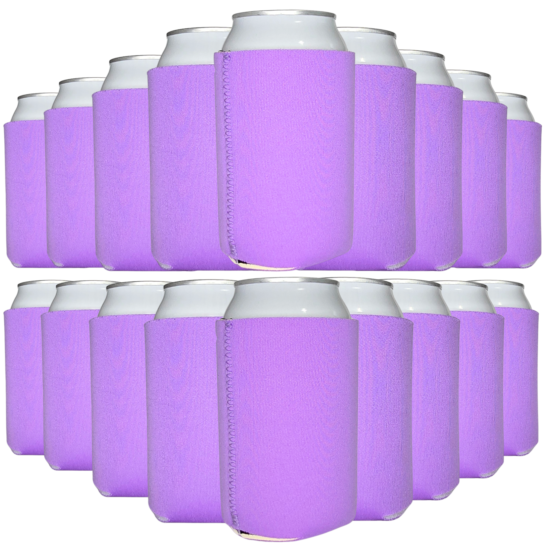 Neoprene can cooler set with lavender purple sleeves and silver tops