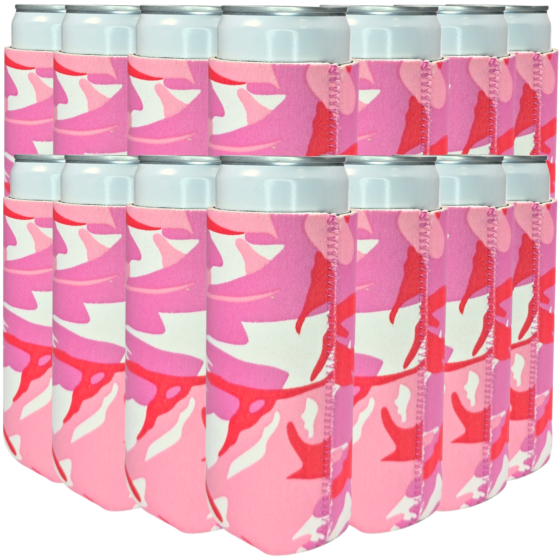 Slim size neoprene can cooler, pink camouflage pattern with stitched vertical seams