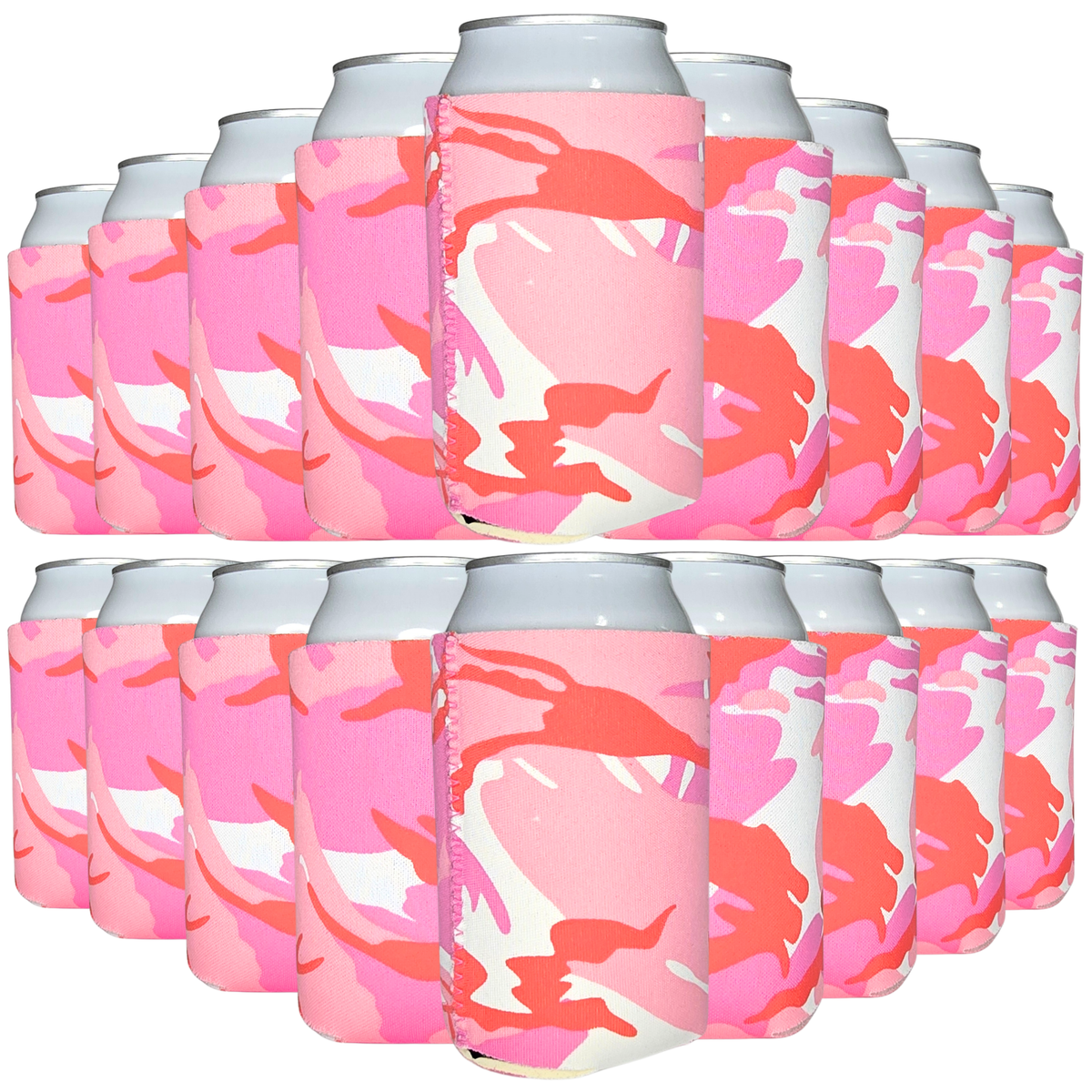 Neoprene can cooler set with pink camouflage sleeves and silver tops