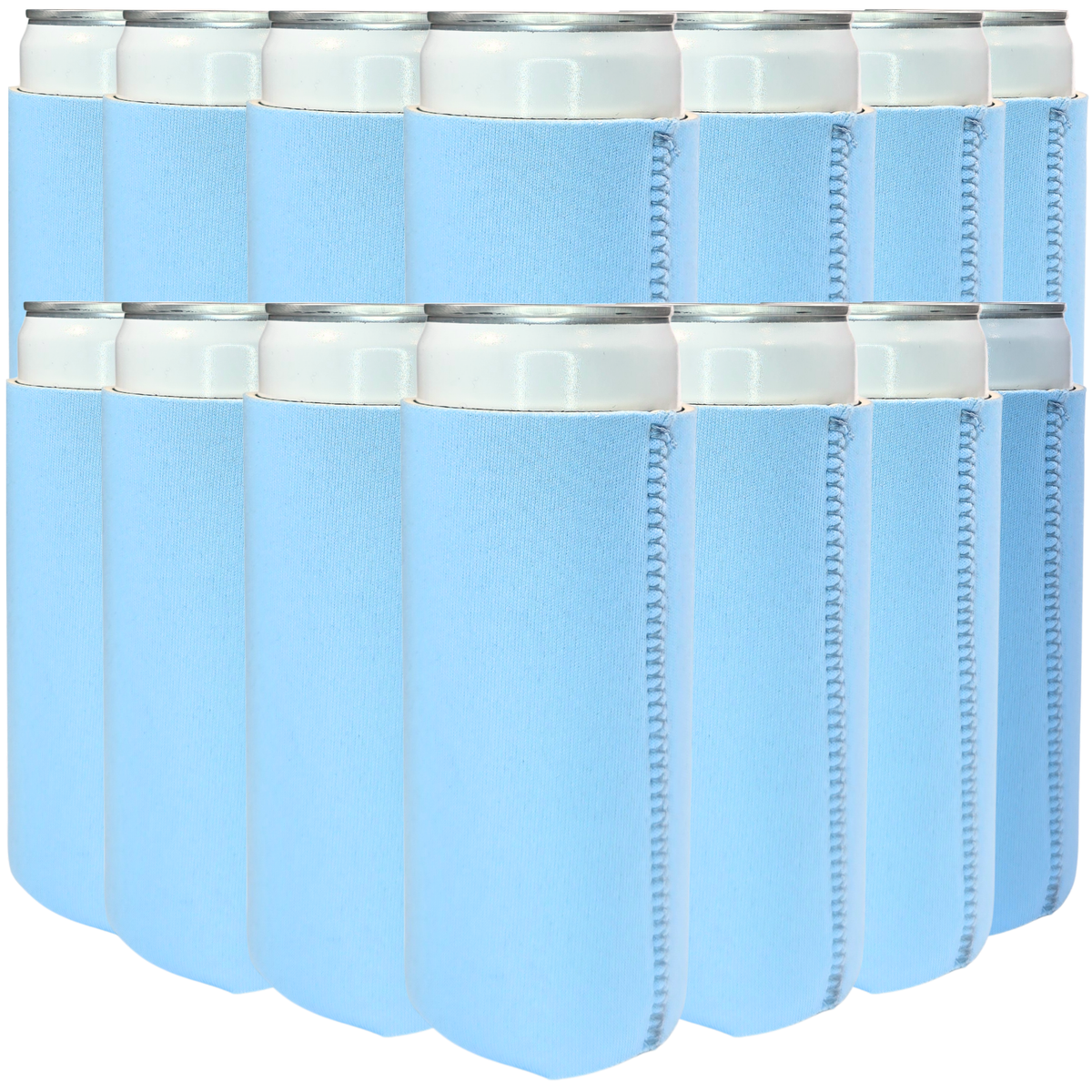 Slim size neoprene can cooler, light blue with stitched vertical seams