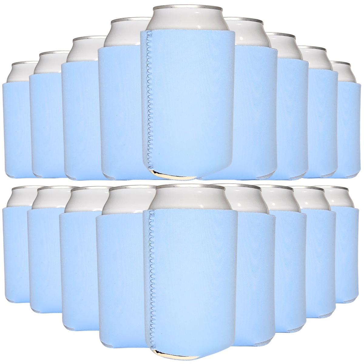Neoprene can cooler set with light blue sleeves and silver tops