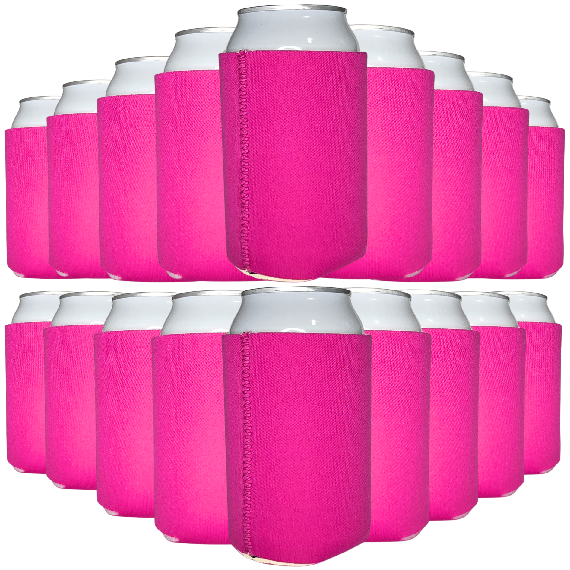 Neoprene can cooler set with hot pink sleeves and silver tops