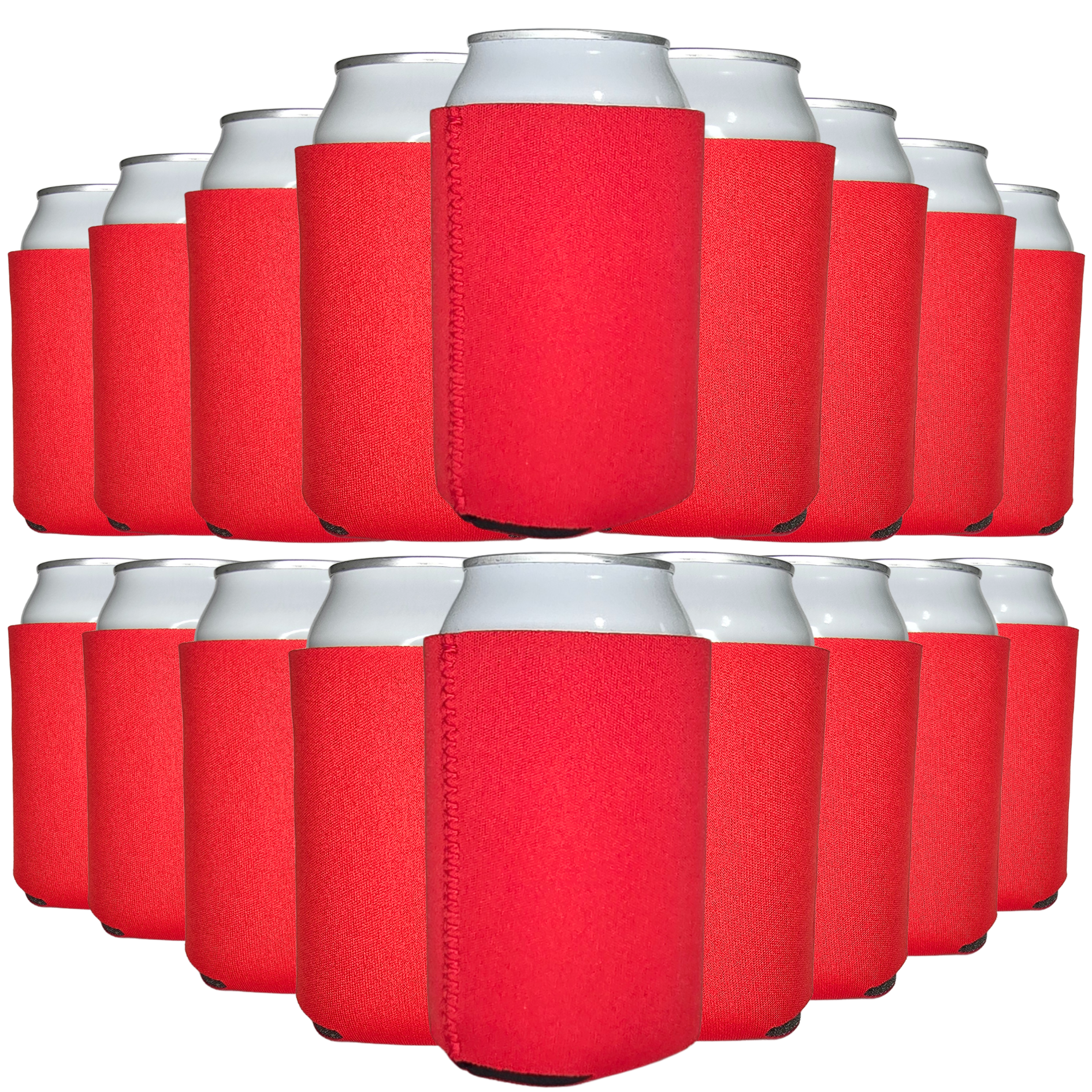 Neoprene can cooler set with red sleeves and silver tops