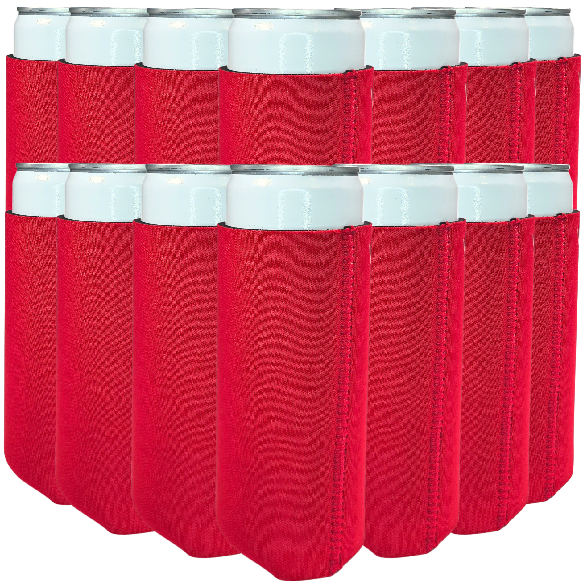 Slim size neoprene can cooler, red with stitched vertical seams