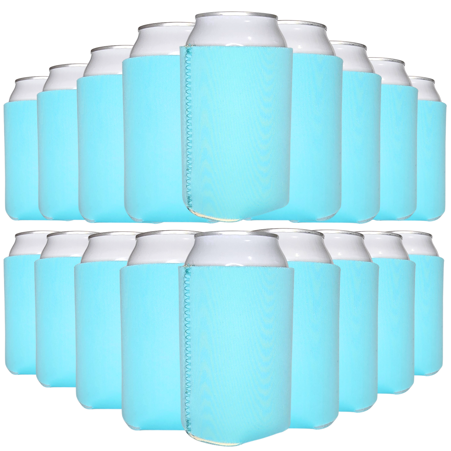 Neoprene can cooler set with aqua blue sleeves and silver tops