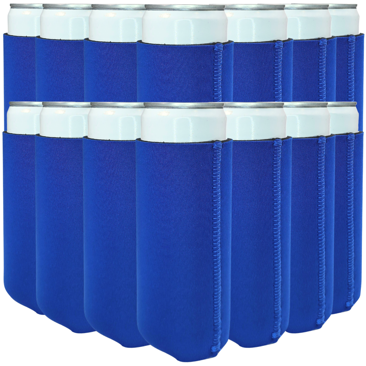 Blue slim-size neoprene can coolers with stitched sleeves for cans