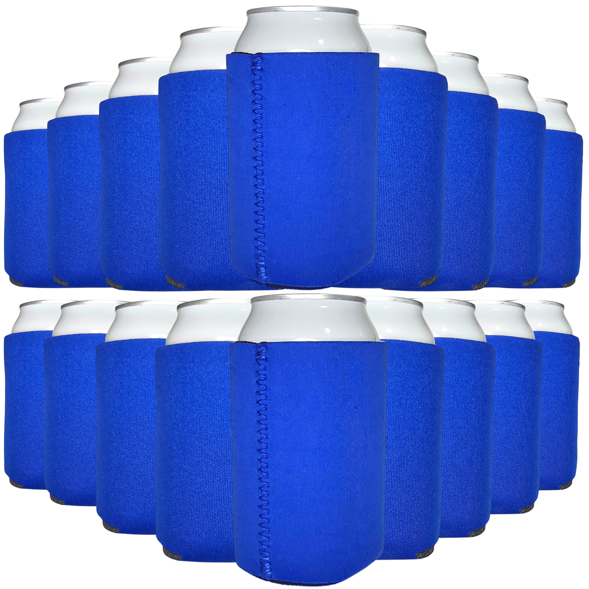 Blue neoprene can coolers with stitched side sleeve, holding silver cans (pack of 12)