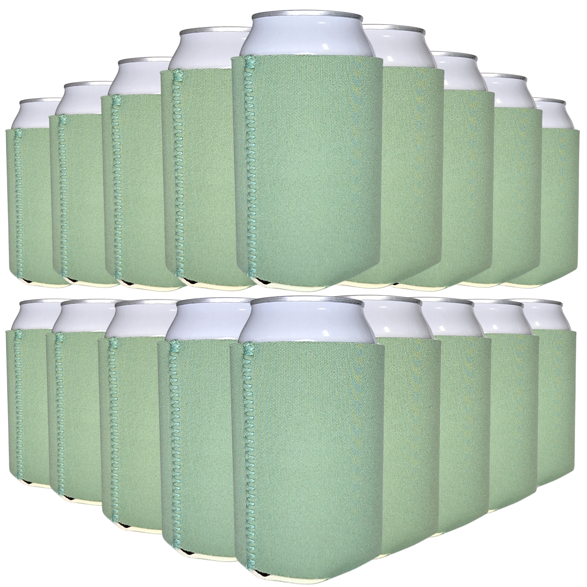 Light green neoprene can coolers with stitched side sleeve, holding silver cans (pack)