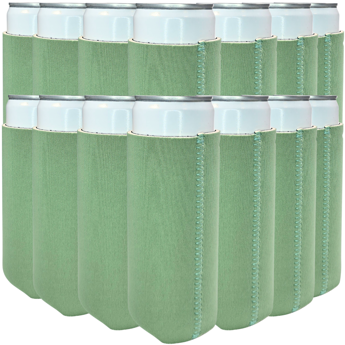 Light green slim-size neoprene can coolers with stitched sleeves for cans